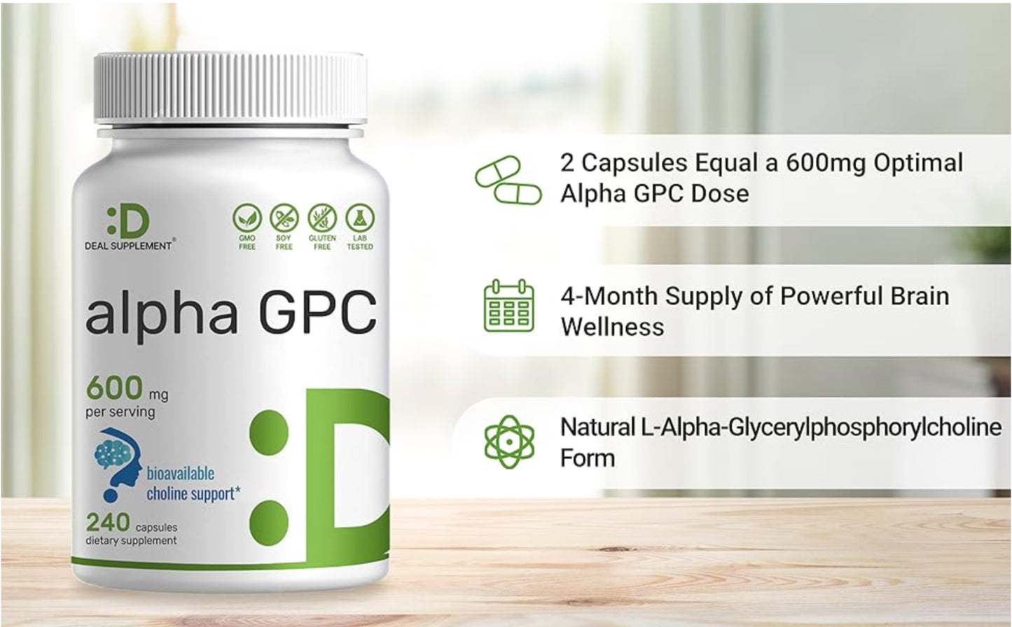 Alpha GPC 600Mg per Serving, 240 Capsules Brain Health | Non-Gmo | Gluten Free