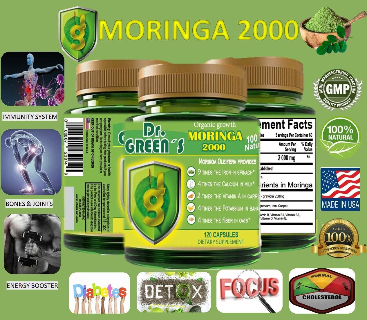 Moringa Oleifera 240 Capsules 100% Pure Leaf Powder Max 1000Mg per Serving 2000