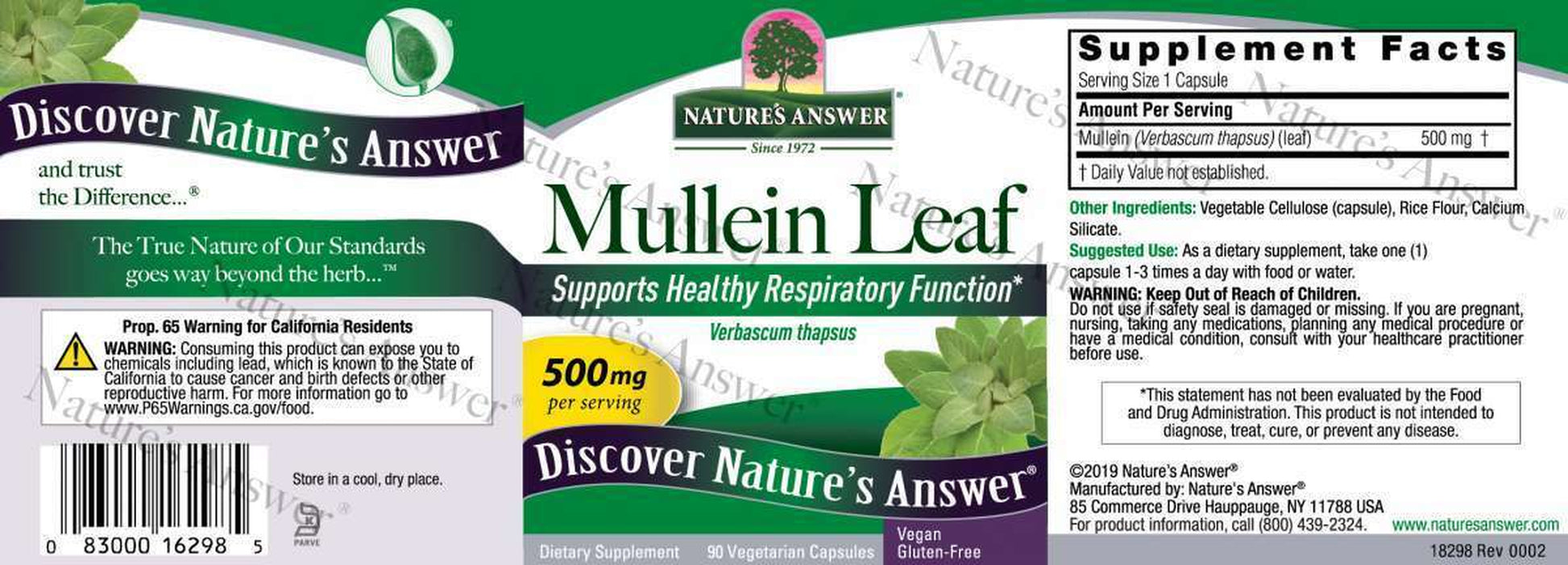 Mullein Leaf 500Mg 90 Veg Caps Nature'S Answer 1000Mg per 2 Capsules