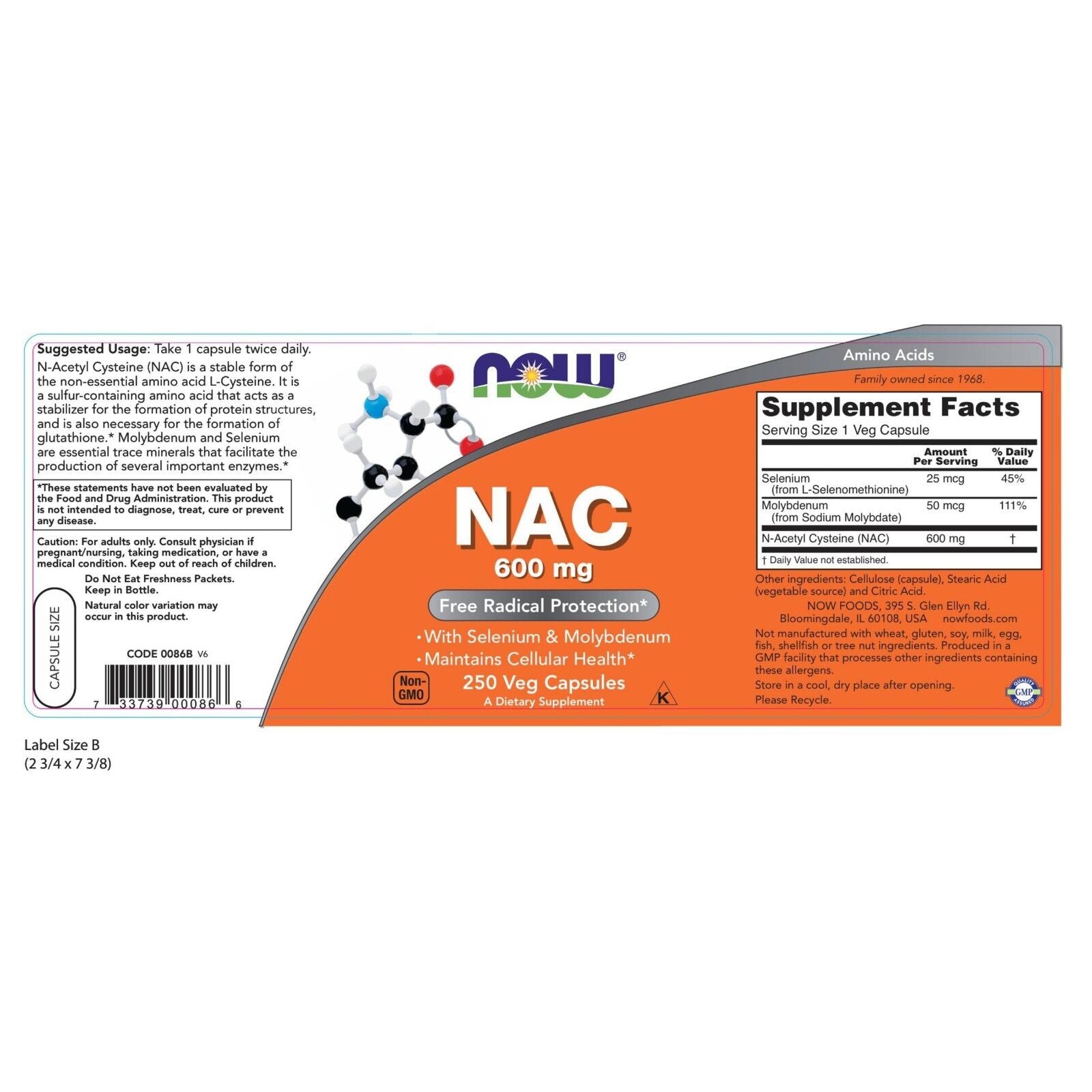 NOW Foods NAC, 600 Mg, 250 Veg Capsules