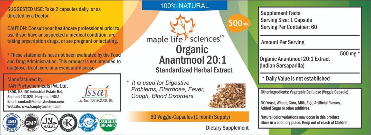 ORGANIC Anantmool 20:1 Extract Capsules Hemidesmus Indicus Indian Sarsaparilla