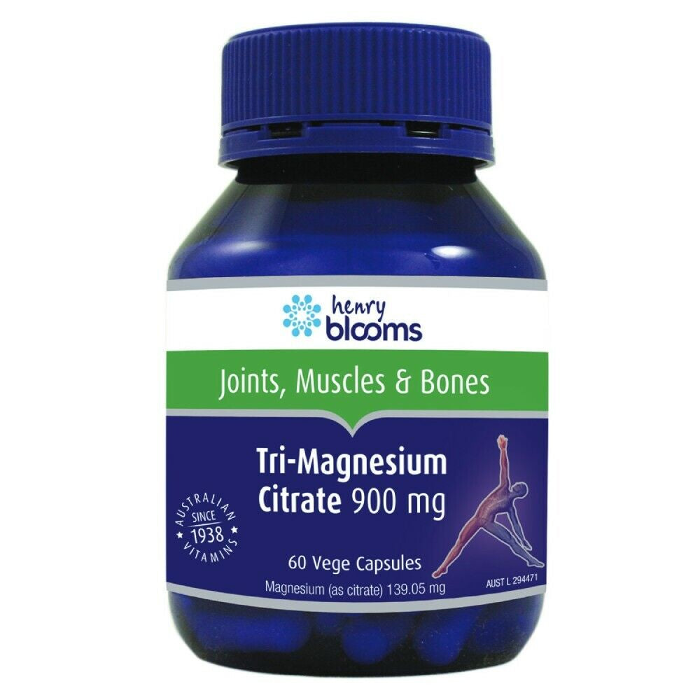 Henry Blooms Tri-Magnesium Citrate 900Mg 60 Vege Capsules Muscle Cramps Relief